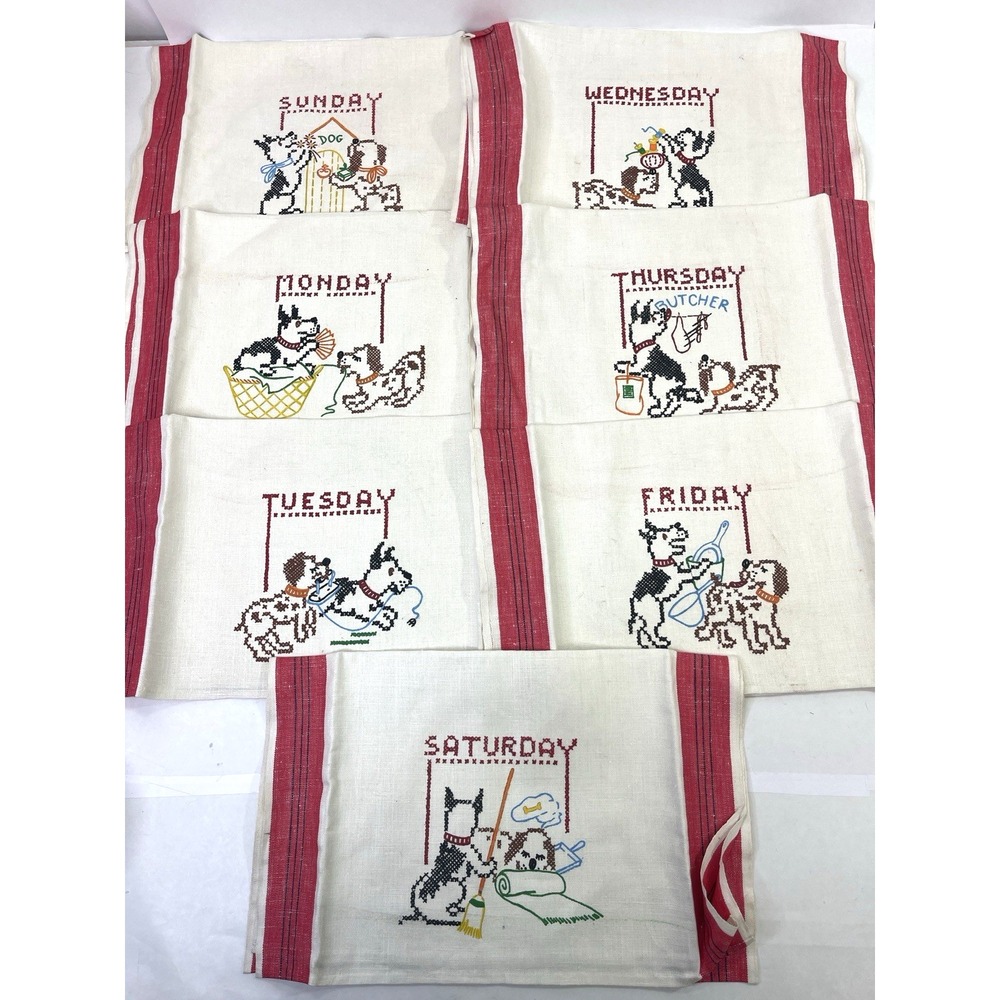 Vintage Days of Week Dish Towels Set of 7 Printed Dog Kitchen Linens 39" x 16"